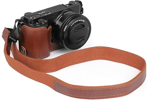 MegaGear Mezza custodia per fotocamera in vera pelle sempre pronta compatibile con Sony ZV-E10 (Marrone) - Fashionser