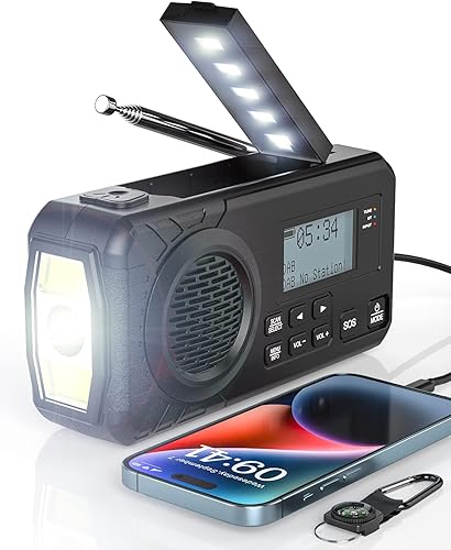 UOHHBOE Radio Portatile a Manovella Solare Ricaricabile 5000mAh DAB AM/FM Power Bank Di Tipo C da Con Allarme SOS Bussola Torcia Elettrica Luce Di Lettura per Campeggio Emergenza All'aperto - Fashionser