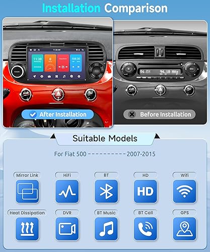 Podofo Autoradio 2 Din Bluetooth per FIAT 500 2007-2015 Wireless Mirror link iOS/Android, WiFi, 1G+32G, Android Radio 2 din con touchscreen GPS Navi HiFi/RDS/FM DSP+12 LED telecamera di retromarcia - Fashionser