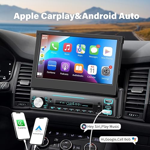 Autoradio 1 Din con Carplay ＆ Android Auto, stereo auto scomparsa con schermo 7 pollici con ricevitori audio per auto Bluetooth, telecamera di backup, Mirror Link, supporto FM/AUX/EQ - Fashionser