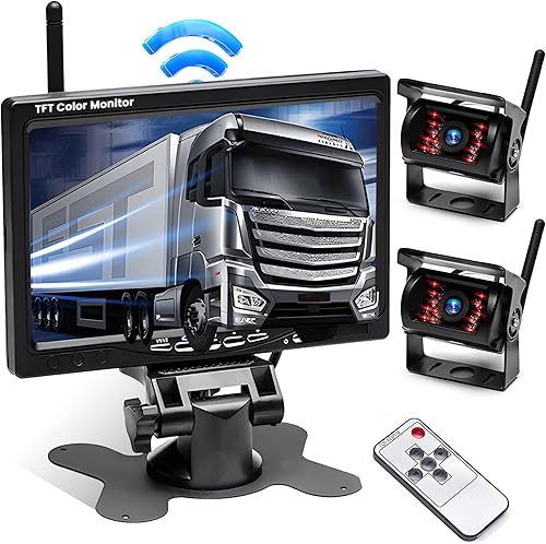 Ohradio Telecamera Retromarcia Wireless con Monitor da 7 Pollici Kit con 2 Posteriore Telecamera Wireless AHD Visione Notturna IP67 Impermeabile per Camion RV Camper DC 12-24V - Fashionser