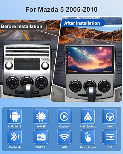 Autoradio 2+64G per Mazda 5 2005-2010 - Carplay senza fili e Android Auto - Stereo Android 13 da 9 pollici con WiFi EQ GPS Mirror Link FM RDS + Telecamera posteriore AHD e microfono - Fashionser