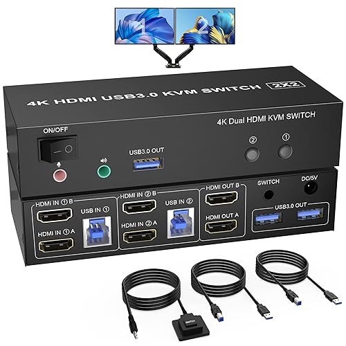 Switch KVM per doppio monitor USB 3.0 HDMI 2 porte, 4K a 60 Hz Switch KVM per display esteso 2 monitor 2 computer con uscita microfono audio e 3 porte USB 3.0, switcher mouse tastiera monitor PC - Fashionser