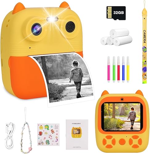 OKYUK Fotocamera istantanea per bambini, HD, 1080P, con 4 rotoli di carta da stampa e scheda SD da 32 G, doppia lente da 2,4 pollici, fotocamera per bambini, fotocamera digitale, fotocamera per selfie - Fashionser