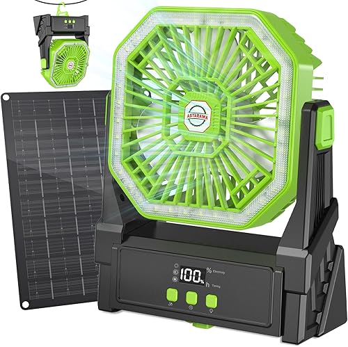 Astarama Ventilatore Solare,Ventilatore da Campeggio con Pannello Solare da 10W,10000mAh Ventilatore Portatile USB Ricaricabile Ventilatore a Batteria con Display LED,Timer,Luce (Verde) - Fashionser