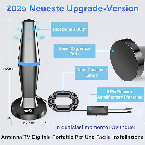 Antenna TV Interna Digitale,Antenne Potente Ricezione a Lunga Distanza, Base Magnetica per TV Portatili, Supporto 4K 1080p VHF UHF DVB-T/DVB-T2-All TVs - Fashionser