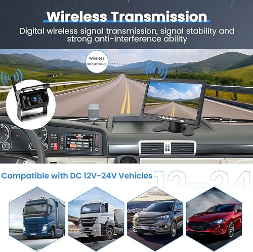 Ohradio Telecamera Retromarcia Wireless con Monitor da 7 Pollici Kit con 2 Posteriore Telecamera Wireless AHD Visione Notturna IP67 Impermeabile per Camion RV Camper DC 12-24V - Fashionser