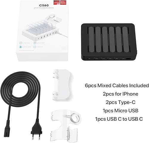 SooPii 60W/12A Stazione di Ricarica a 6 porte, ricarica rapida USB C PD da 20 W per lPhone 14/13/12, supporto 2 in 1, 6 cavi corti inclusi per telefoni, tablet e altri - Fashionser