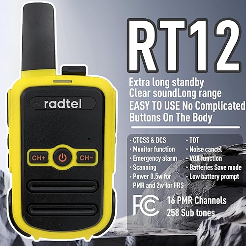 Radtel RT12 Walkie Talkie Ricaricabile per Adulti Portatile a Lungo Raggio Senza Licenza PMR 446 Radio Ricetrasmettitore 16CH Vivavoce VOX per Escursioni in Campeggio… (Giallo) - Fashionser