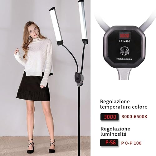Kit di Luci LED a Doppio Braccio da 50w, Dimmerabile 3000-6500k per Trucco, Ciglia, Tatuaggi di Sopracciglia, Bellezza, Fotografia Video in Studio, Live Streaming, con Treppiede e Borsa - Fashionser