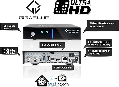 GigaBlue Cavo UHD Trio 4K Pro, ricevitore satellitare DVB-S2X/C/T2, sintonizzatore, PVR-Ready su scheda USB/SD, WLAN 1200 Mbit/s, HDMI, USB, LAN, Bluetooth, alimentatore di rete da 12 V - Fashionser