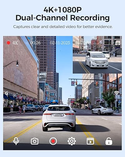 AZDOME Dashcam Auto Anteriore Posteriore 4K + 1080P, 4K WiFi Dash Cam con scheda SD da 64 GB, Dual Auto Camera con Super Visione Notturna, WDR, ADAS, Registrazione Loop, Sensore G, Monitoraggio - Fashionser