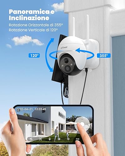 ieGeek 360° PTZ Telecamera Wi-Fi Esterno con Batteria Senza Fili, 2K Videocamera Sorveglianza con Pannello Solare, Rilevazione PIR, Visione Notturna, Impermeabile IP65, Audio a 2 Vie - Fashionser