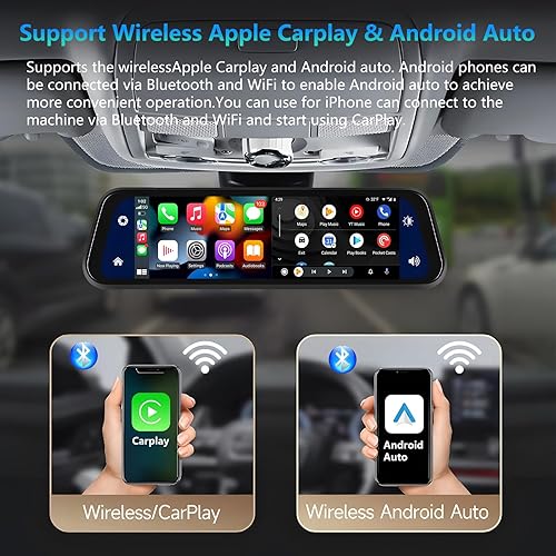 Podofo Dash Cam Specchietto 9.66' IPS Touch Screen Retrovisore Auto Specchio Dashcam con Wireless Carplay, Android Auto, Dual 1080P Specchio Retrovisore Dashcam Dash Cam Auto, 2 Schermi Divisi - Fashionser