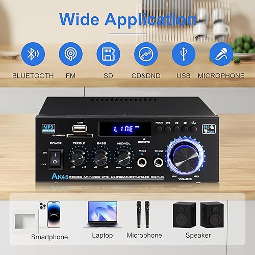 Bluetooth 5.0 Audio Home Amplificatore AK45 400W+400W 2.0 CH HiFi Stereo Amp Receiver con USB, SD, AUX, telecomando, Antenna FM per auto casa Speaker Bar Party - Fashionser