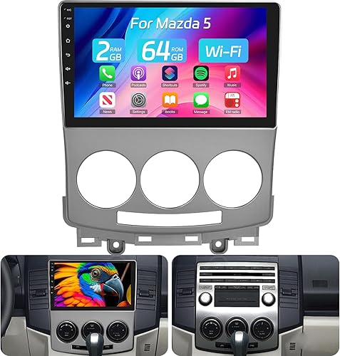 Autoradio 2+64G per Mazda 5 2005-2010 - Carplay senza fili e Android Auto - Stereo Android 13 da 9 pollici con WiFi EQ GPS Mirror Link FM RDS + Telecamera posteriore AHD e microfono - Fashionser