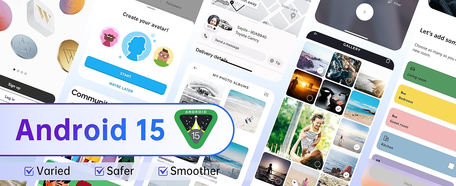 Immagine promozionale per Android 15 che mostra gli elementi dell'interfaccia utente. Visualizza icone colorate delle app, gallerie fotografiche e frammenti di testo. Evidenzia le funzionalità come «Variable», «Safer» e «Smoother»