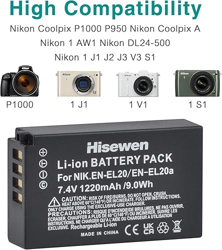 Hisewen EN-EL20 EN-EL20a Batteria (2Pack) e doppio caricatore per Nikon Coolpix P1000, P950, 1 AW1, 1 J1, 1 J2, 1 J3, 1 S1, 1 V3, DL24-500, Coolpix A Fotocamera digitale. - Fashionser