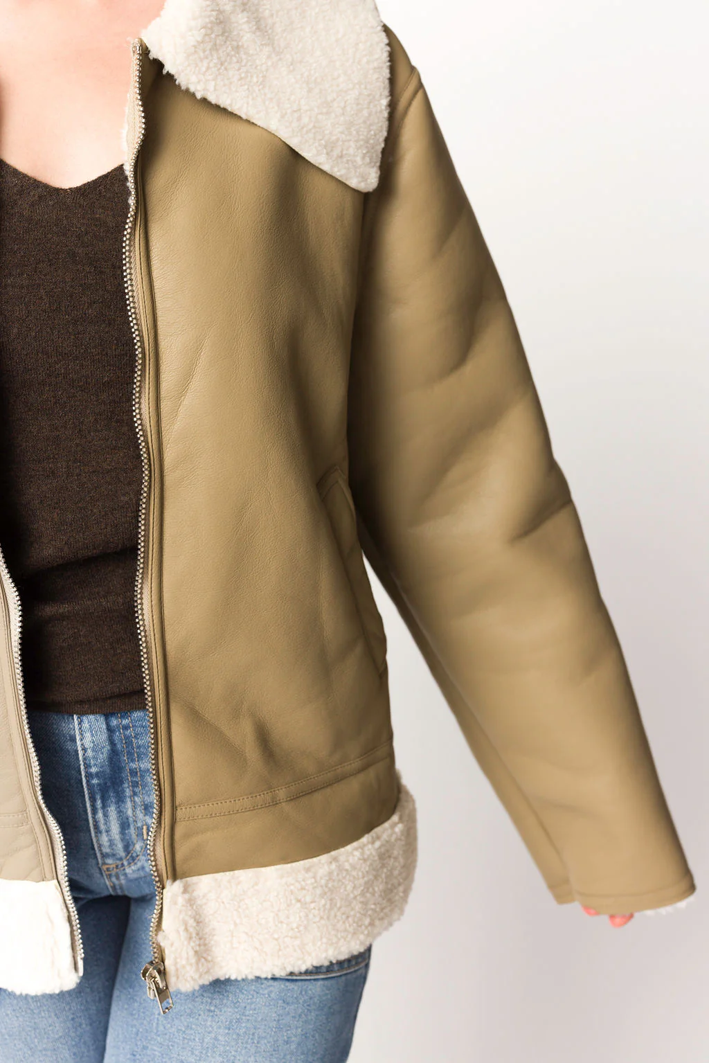 Sammy Vegan Leather and Shearling Jacket in Sandstone - Fashionser