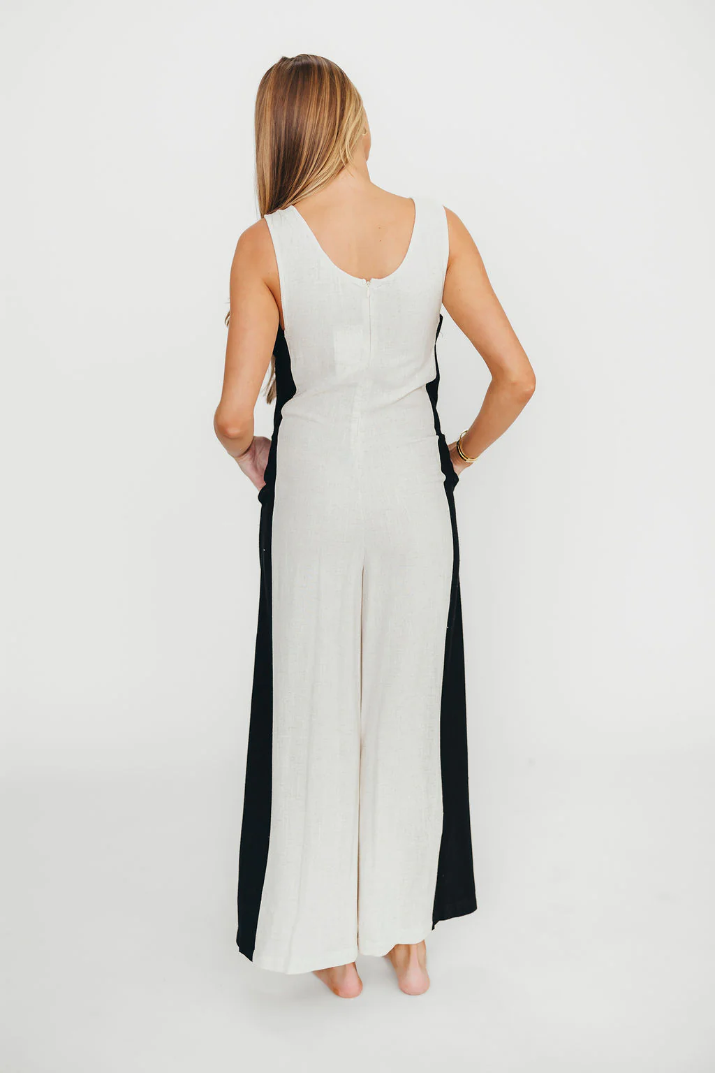 Chase Linen Contrast Side Jumpsuit in Natural/Black - Fashionser