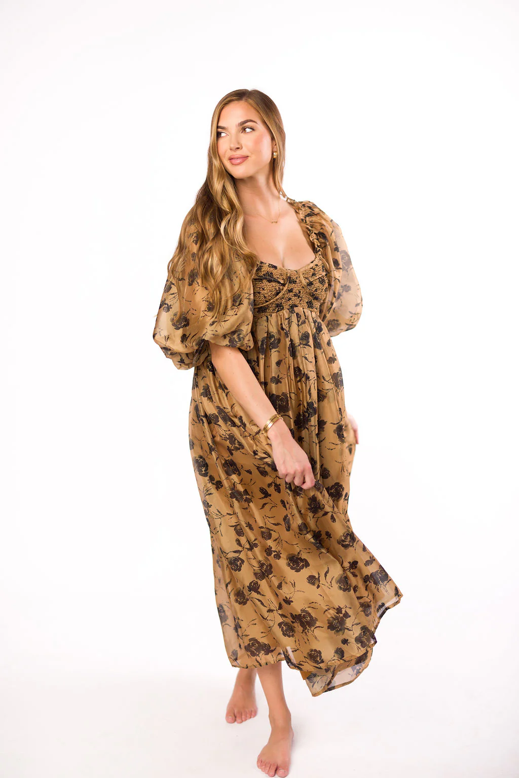 Harlow Camel & Black Floral Maxi Dress with Stretchy Neckline - Bump Friendly (Read Description) - Fashionser