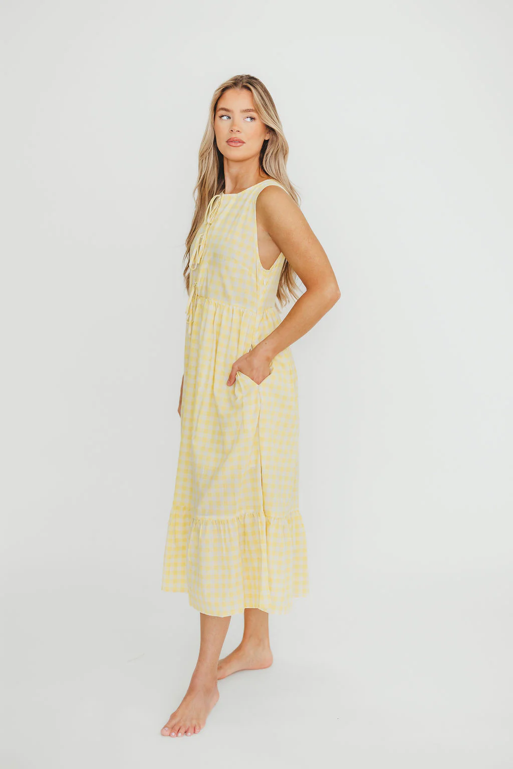 Alana Gingham Ribbon Detail Midi Dress in Butter - Fashionser
