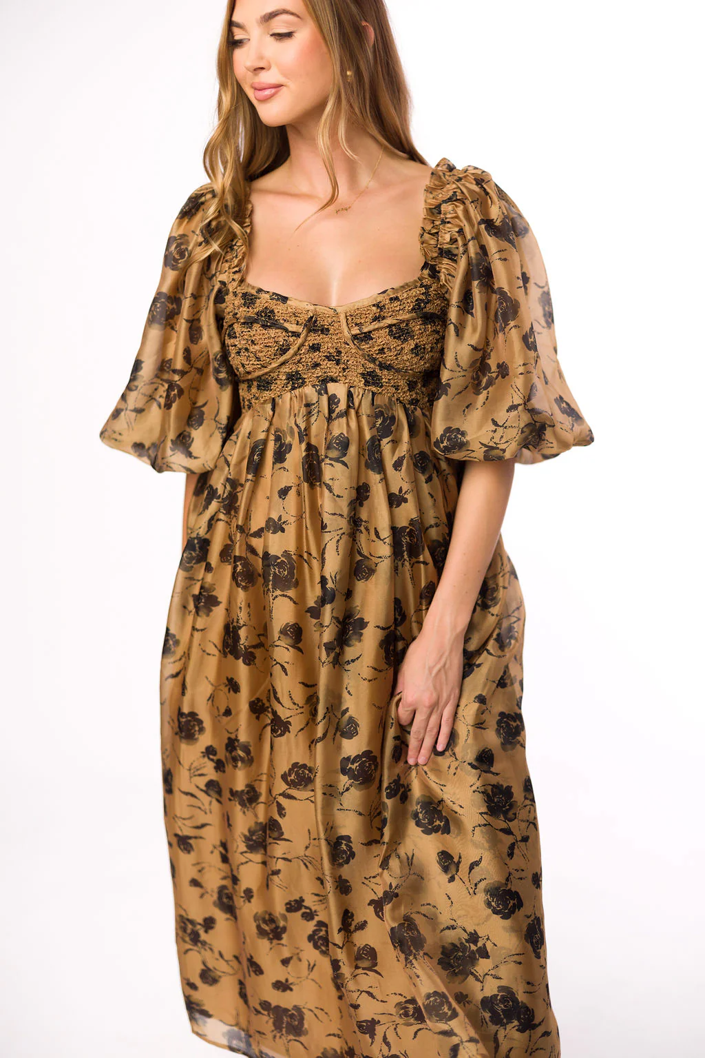 Harlow Camel & Black Floral Maxi Dress with Stretchy Neckline - Bump Friendly (Read Description) - Fashionser