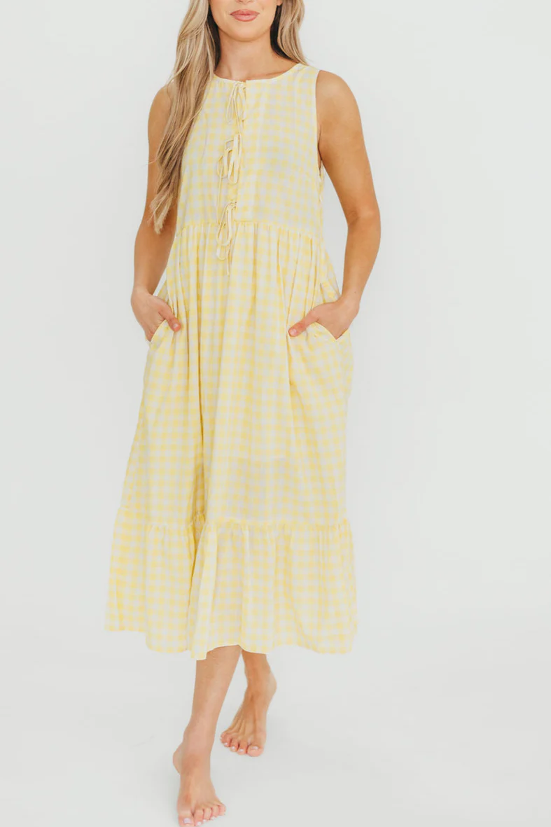 Alana Gingham Ribbon Detail Midi Dress in Butter - Fashionser