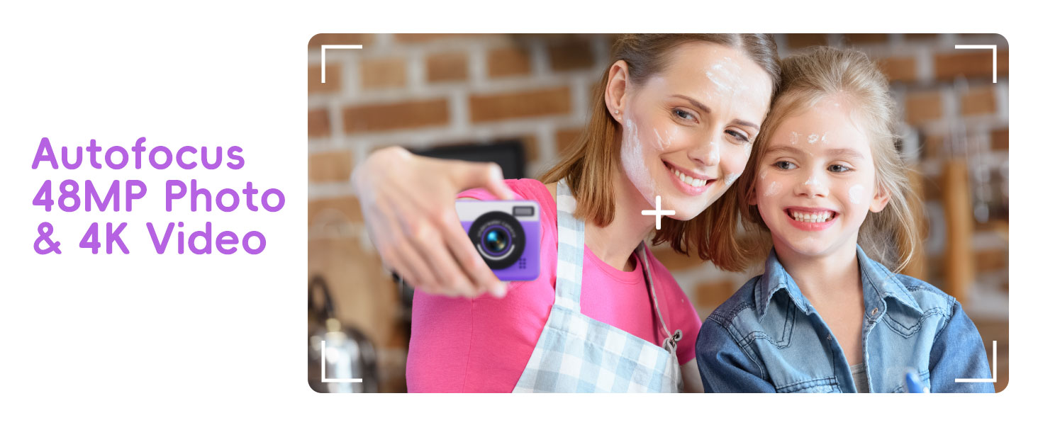Schermata dell'interfaccia della fotocamera che mostra il testo «Autofocus 48MP Photo & 4K Video» in viola.